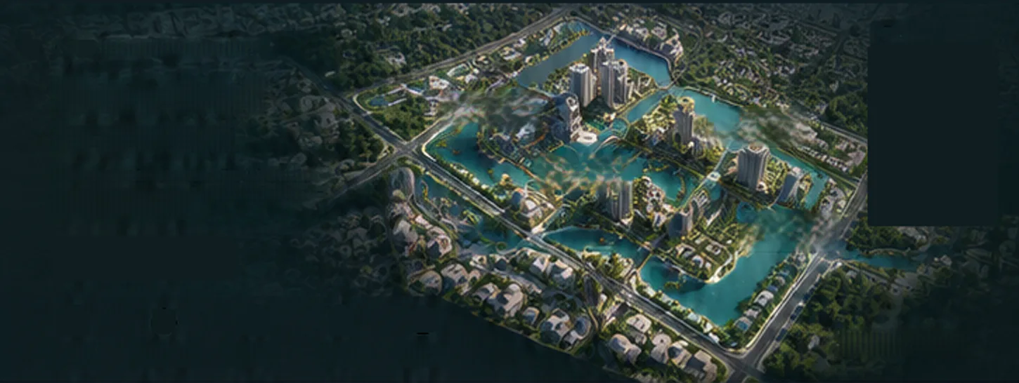 Aerial view of a mixed tower and villa community